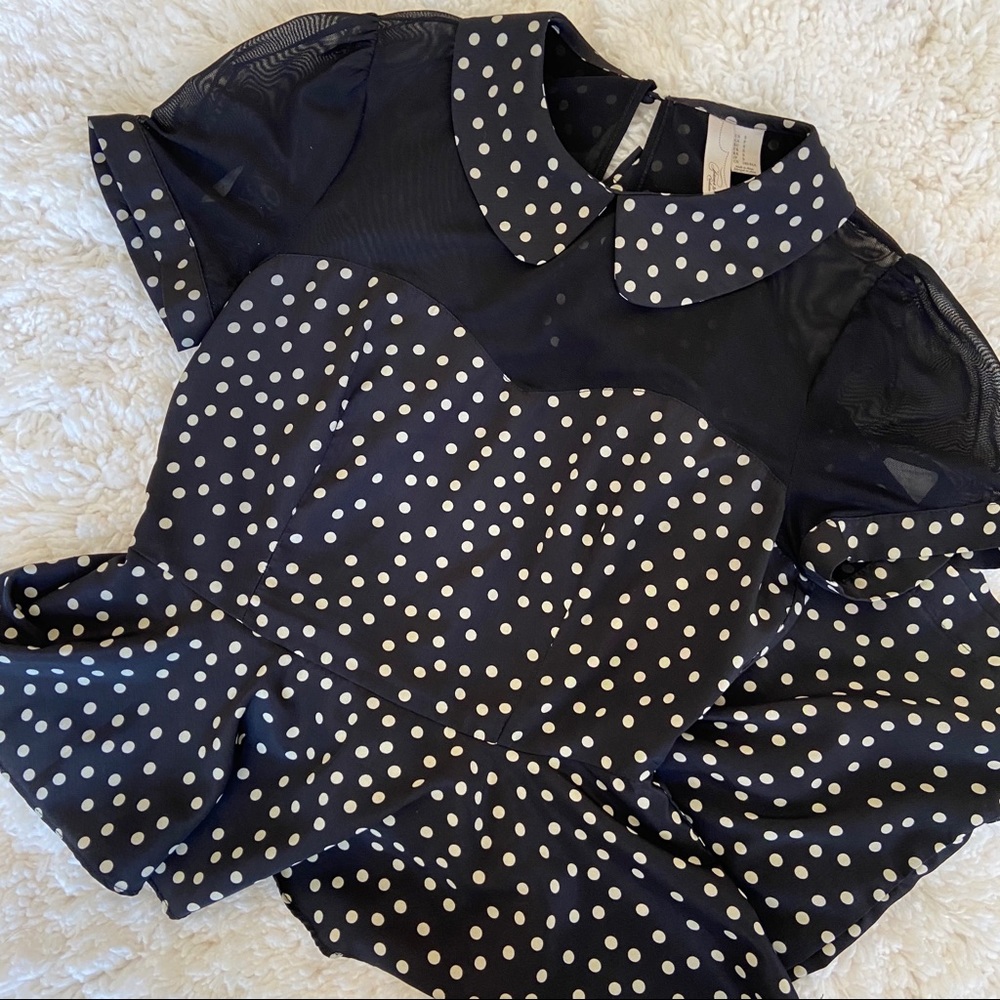 Polka Dot Peplum Mesh Collared Dress